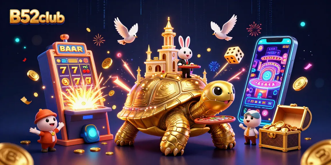 B52club showcases a dynamic 3D casino scene featuring a golden tortoise and vibrant game elements.