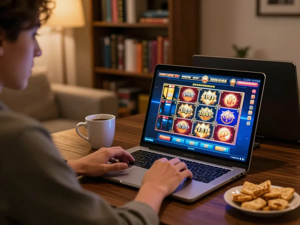Engaging in online casino gaming at https://tip88.locker/, person focused on laptop displaying colorful slots.