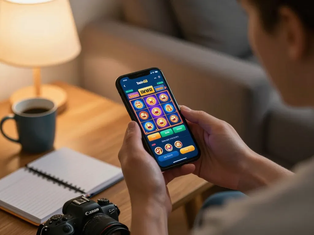 Play twin68 online casino app on mobile device in cozy living room