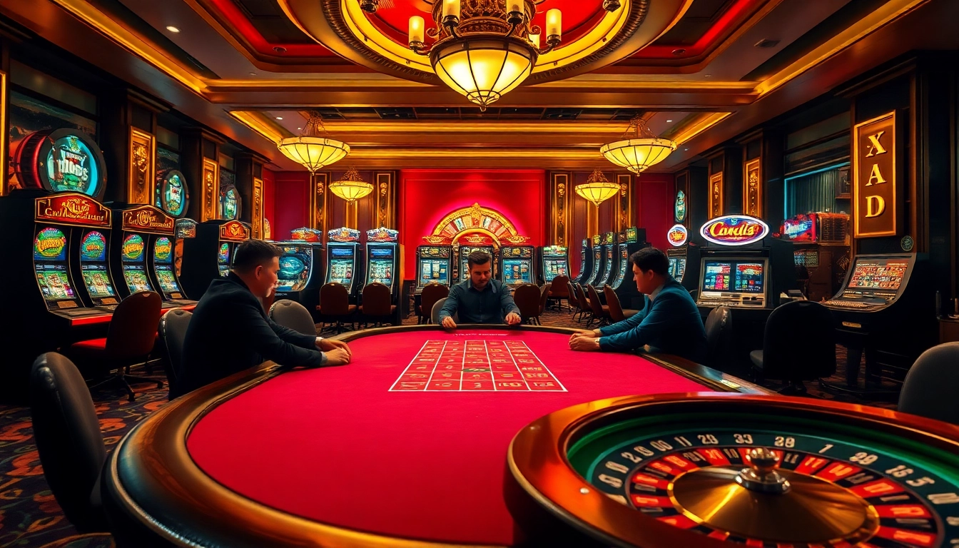 Engage in high-stakes play at a luxurious casino inspired by ok8386s.com with poker tables and slot machines.