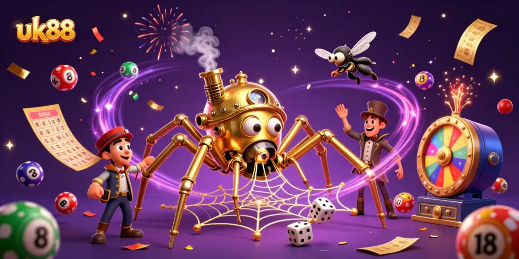 Engage with exciting uk88 gaming action as a steampunk spider ensnares dice in a colorful casino scene.