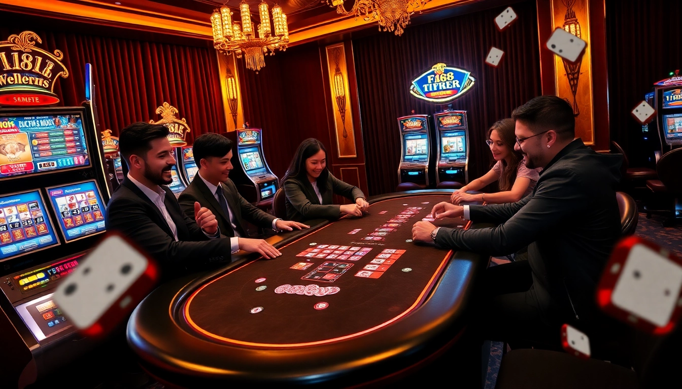 F168 players enjoying a thrilling poker game at a luxurious casino table surrounded by vibrant slot machines.