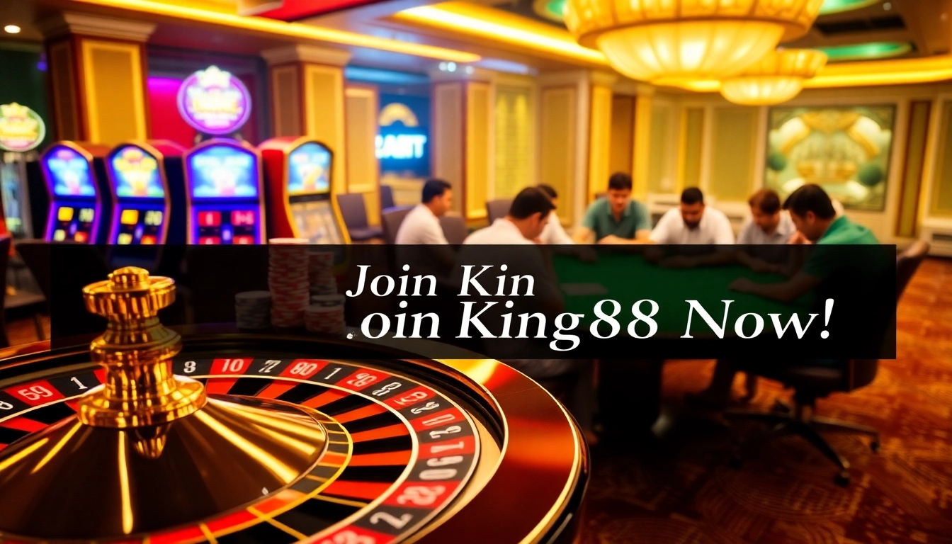 Engage with Đăng ký King88 at a vibrant casino scene featuring roulette, poker, and slot machines.