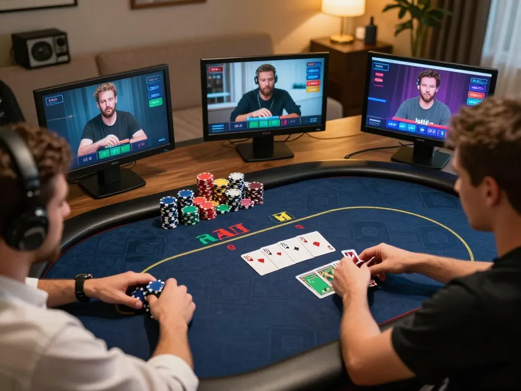 Players engaging in a thrilling gi88 online poker game, showcasing chips and cards in a cozy atmosphere.