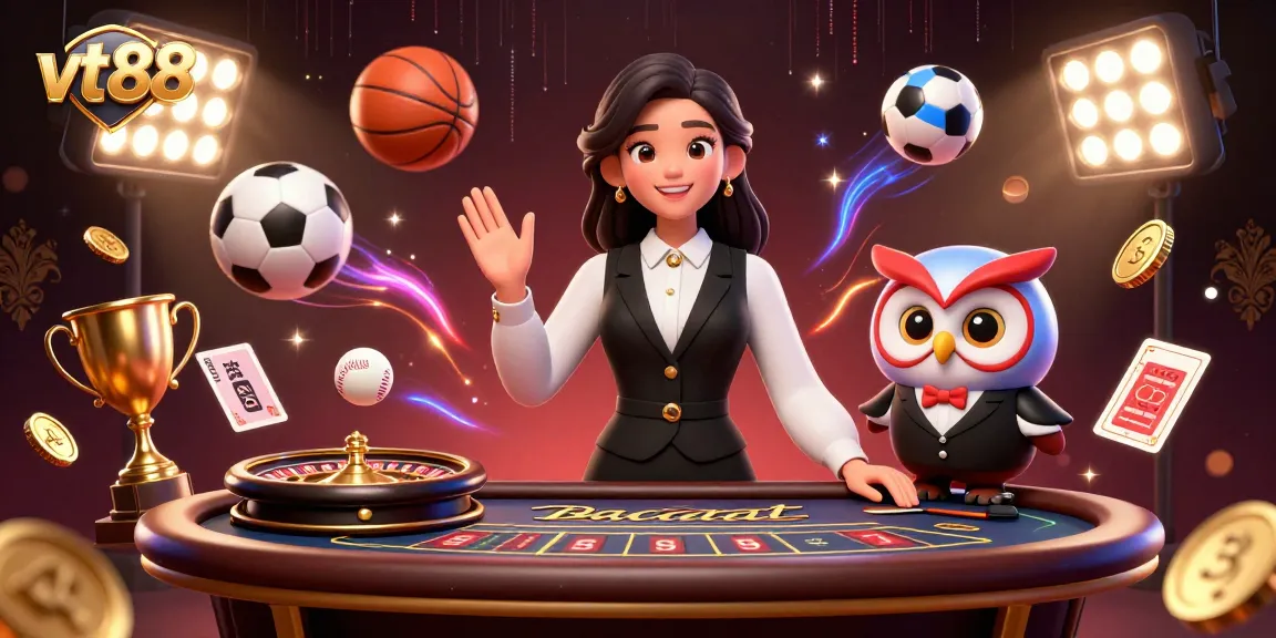 Play exciting games and win with vt88, featuring a professional dealer and vibrant casino elements in action.