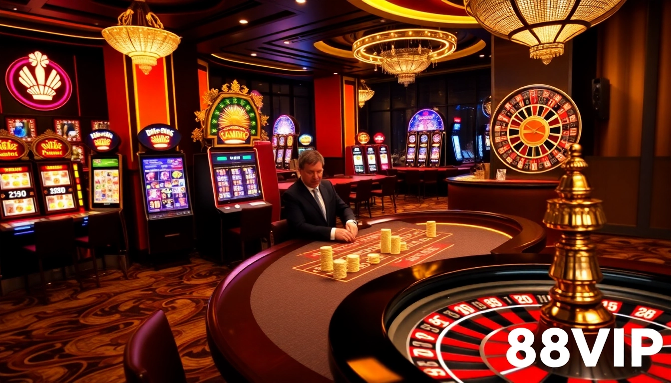 Experience high-stakes gaming at 68VIP, featuring luxurious poker tables and vibrant slot machines.