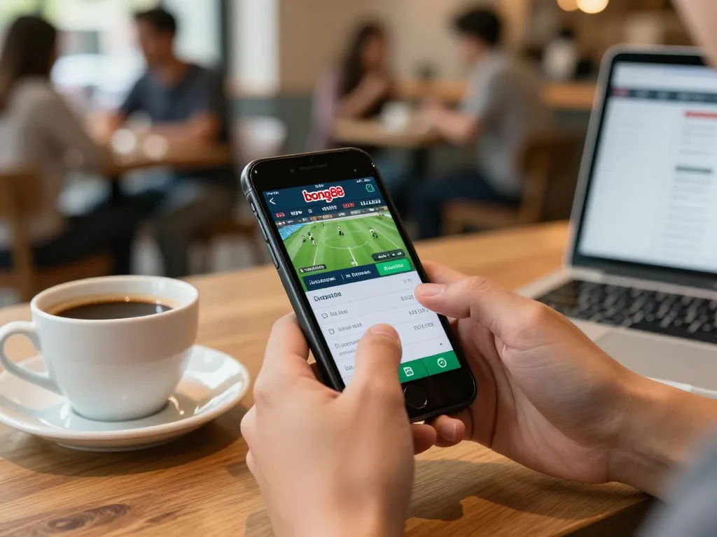Engaging with the bong88 sports betting app on a smartphone in a trendy cafe setting.