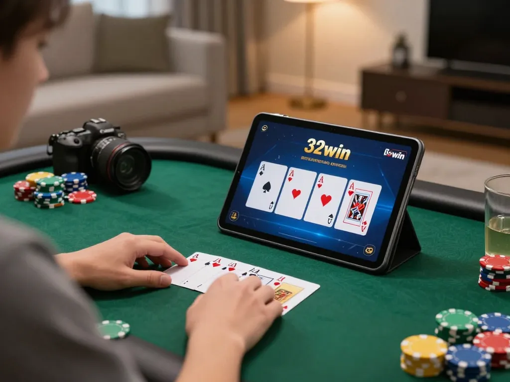 Engaging in a thrilling 32win con poker game on a tablet in a modern home setup.