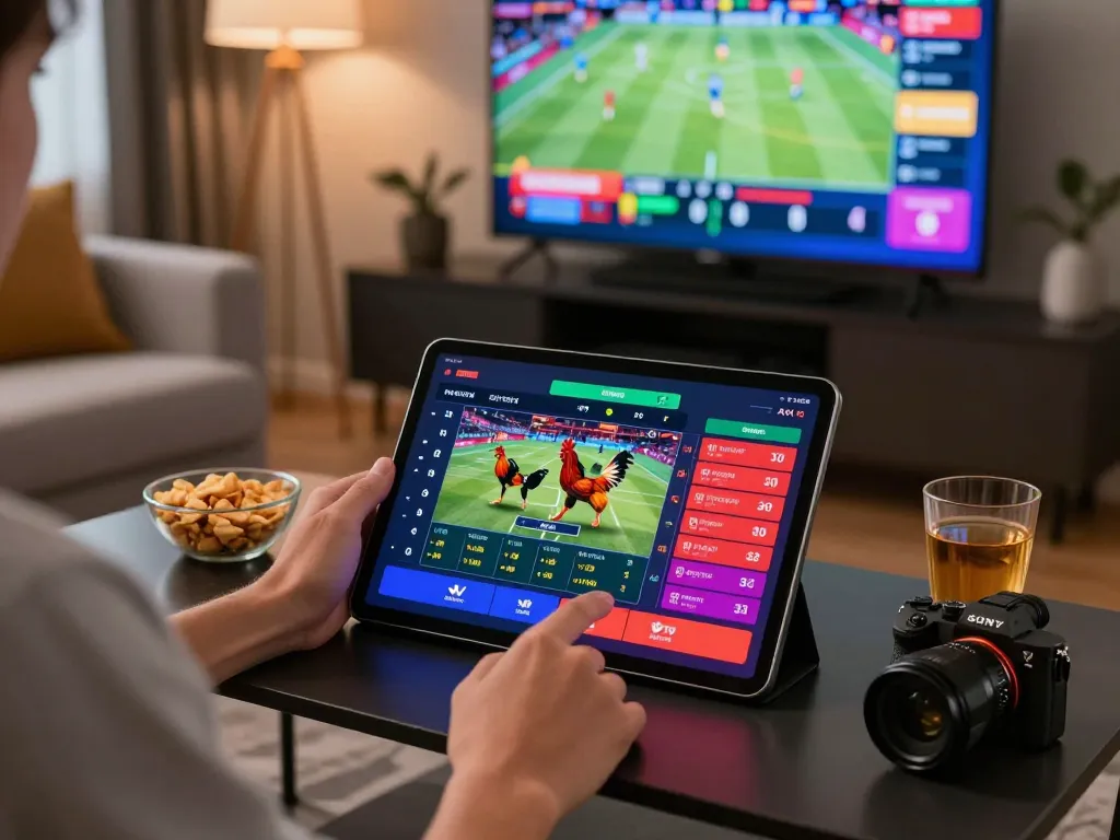 Online player engaging with bl555 betting interface in a lively home setting.