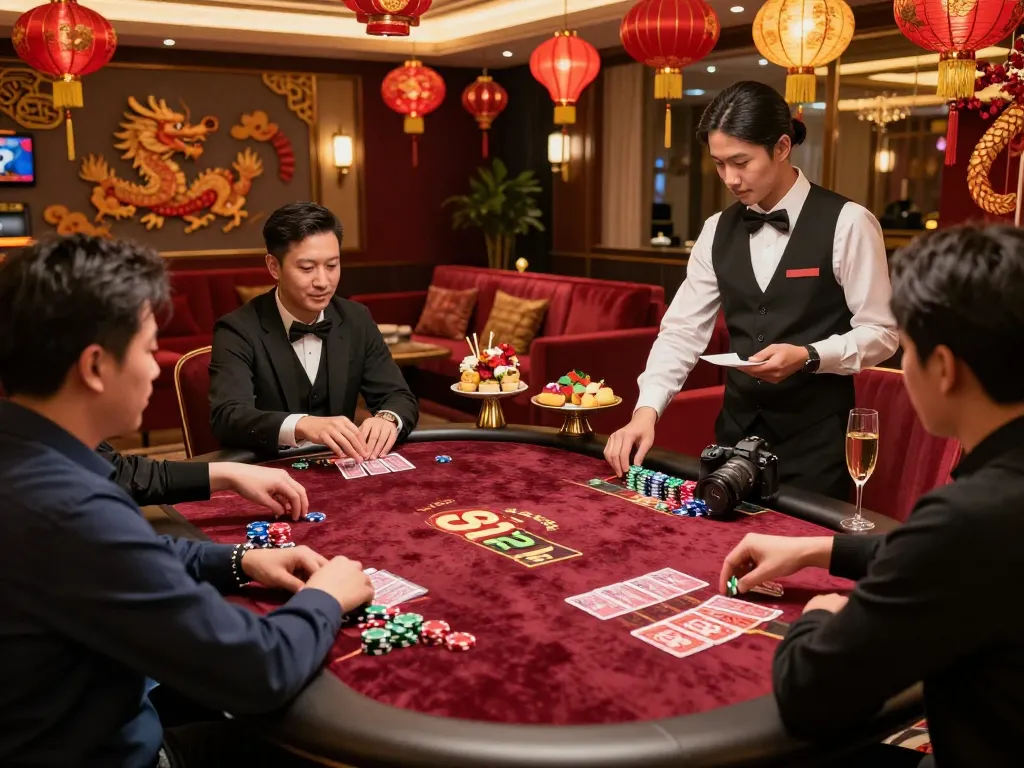 Players enjoying luxurious 8kbet gaming experience with festive décor during Lunar New Year.