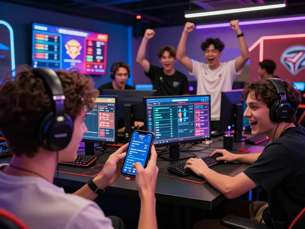 Engage with esports betting at GA6789, showcasing gamers strategizing on mobile apps amidst competitive atmosphere.