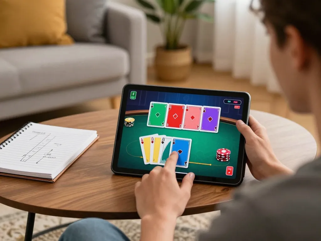 Engaging in an online poker game with XX88, showcasing strategy and cozy home atmosphere.
