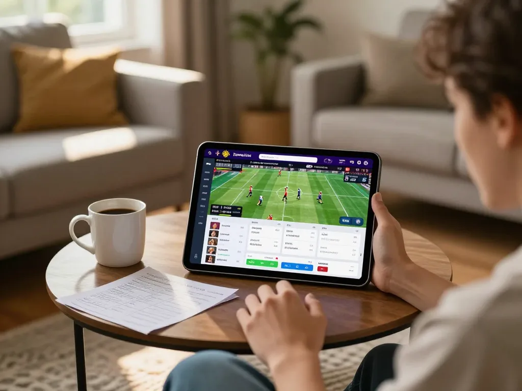 Player analyzing live sports betting options on F8bet tablet from home.