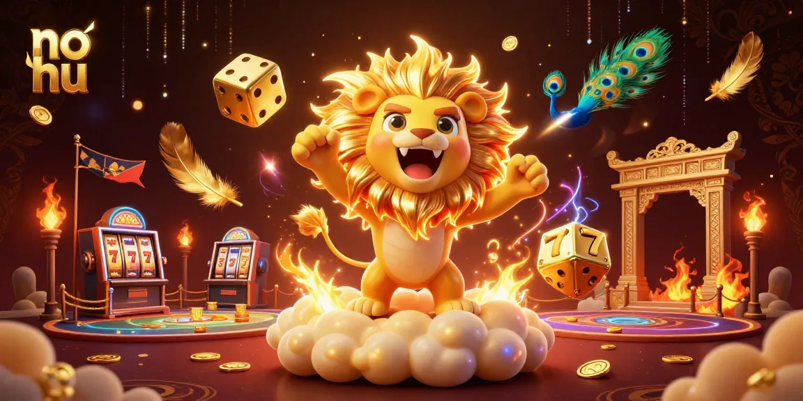 No hu slots game featuring golden dice, slot machines, and vibrant casino elements create excitement.