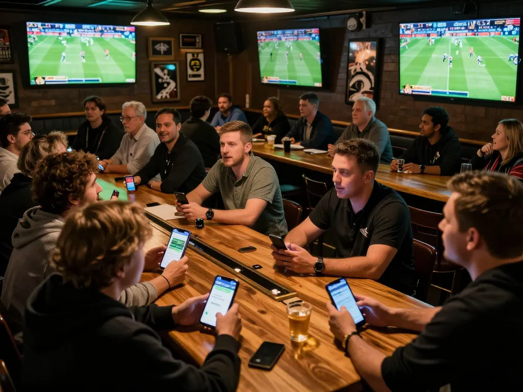 Exciting sports betting atmosphere at a bar with fans enjoying footballl games and betting strategies.