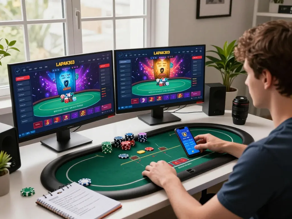 LAPAK303 poker action on multiple screens showcasing engaging gameplay and strategic notes for responsible betting.