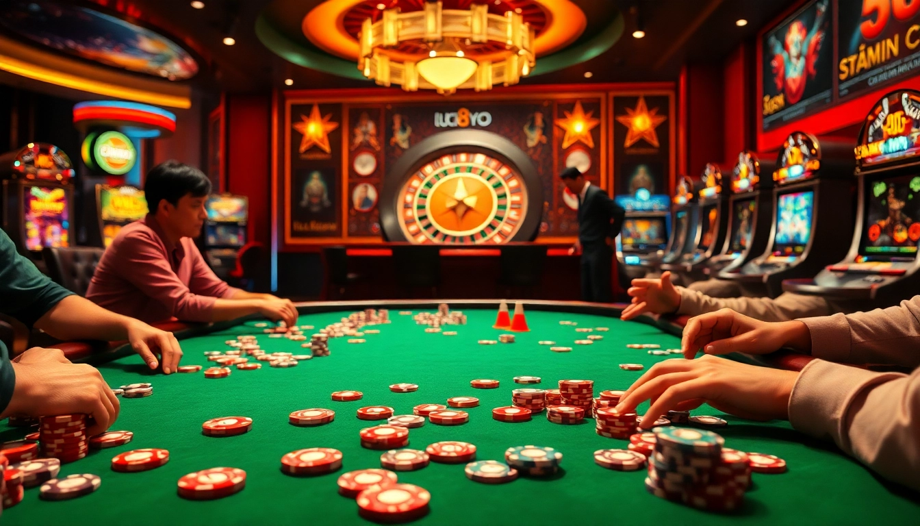 Experience the thrill of poker at https://luck8.you/ with vibrant chips and a spinning roulette wheel in an upscale casino setting.