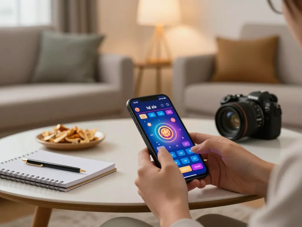 Engaging with the app tài xỉu game on a smartphone in a cozy home setting, showcasing strategic gameplay.