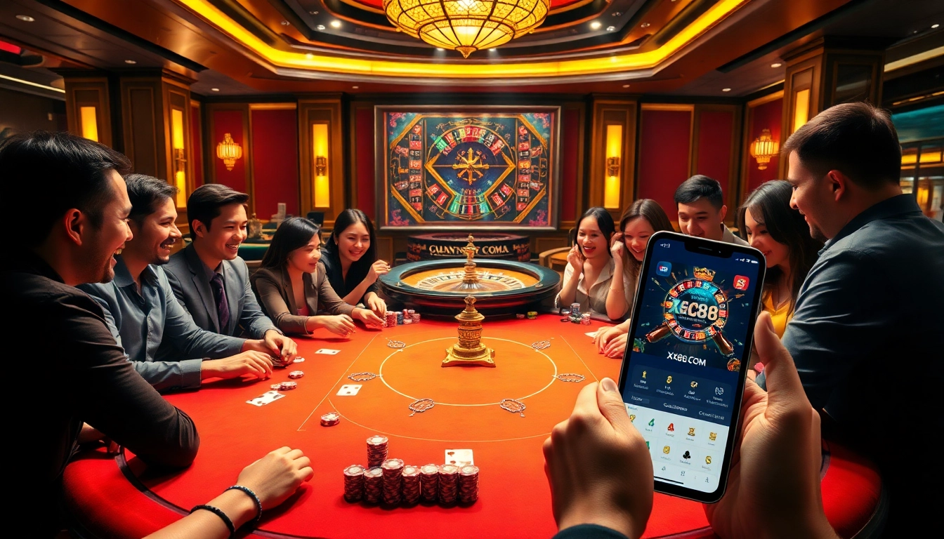 Players enjoying a thrilling poker game at XX88 COM casino, showcasing excitement and high stakes.