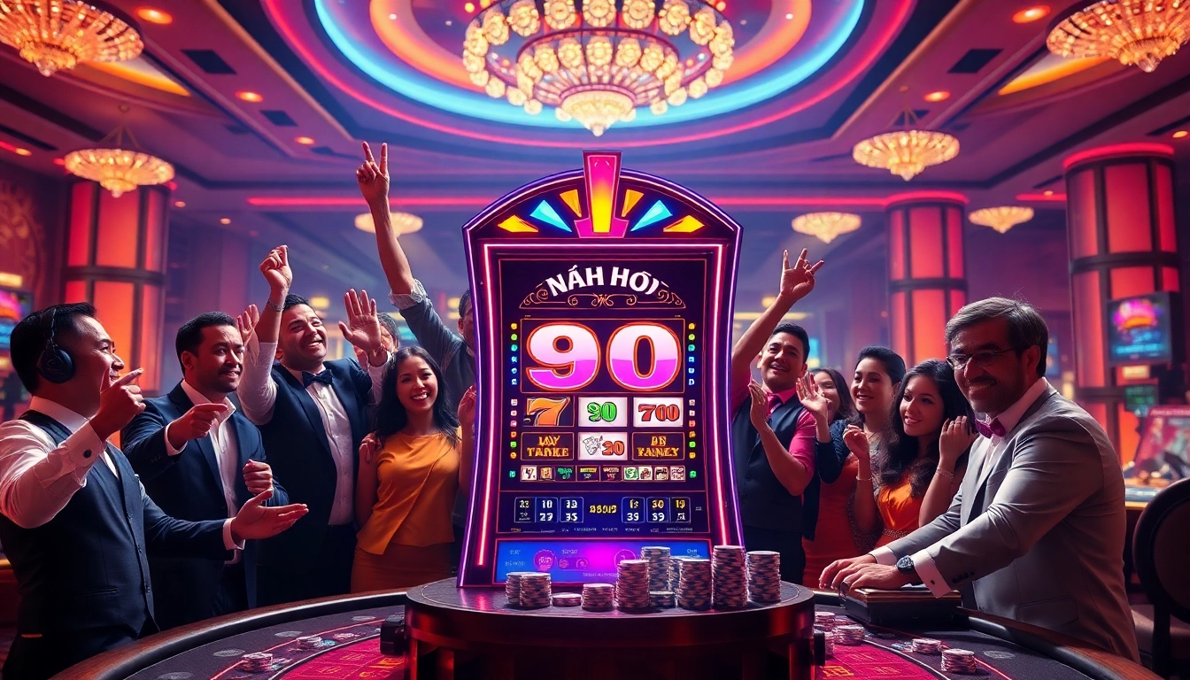 Players celebrating their wins at the nổ hủ 90 slot machine in a vibrant casino environment.