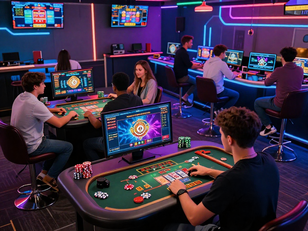 Engaging crypto casino gaming scene with players enjoying vibrant digital gameplay on advanced interfaces.