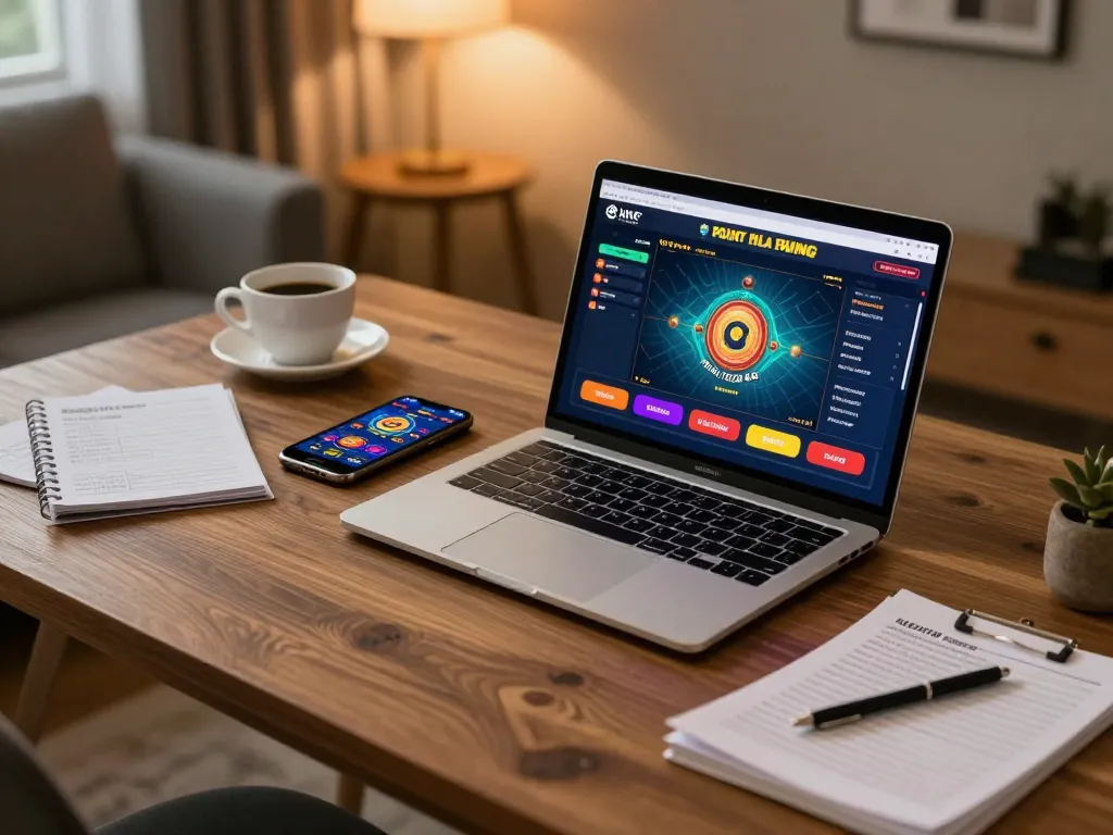 Engaging with nhà cái uy tín on a laptop, showcasing an online casino interface in a cozy home environment
