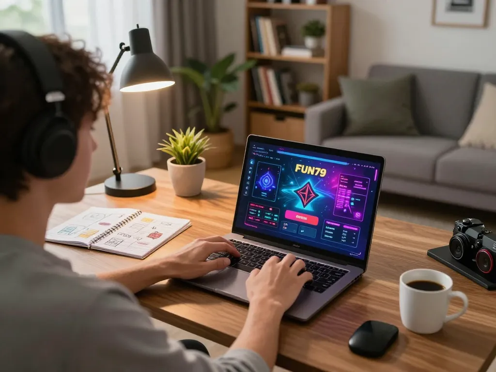 Engaging home gaming scene showcasing đăng nhập fun79 on laptop with vibrant casino interface and cozy decor.