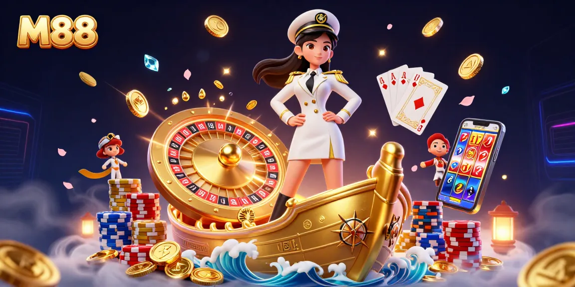 M88 showcases a vibrant casino scene with an elegant character amidst cascading coins and a spinning roulette wheel.