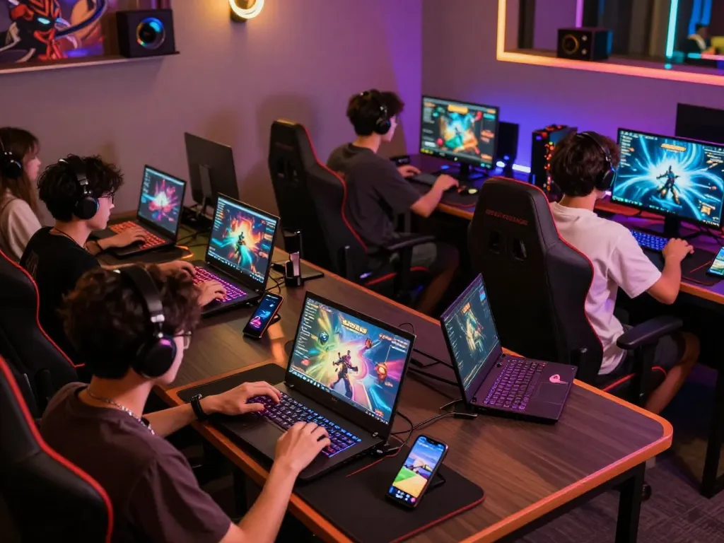 Engaged players on BL555 platform enjoying dynamic online gaming experience with colorful screens and modern setup.