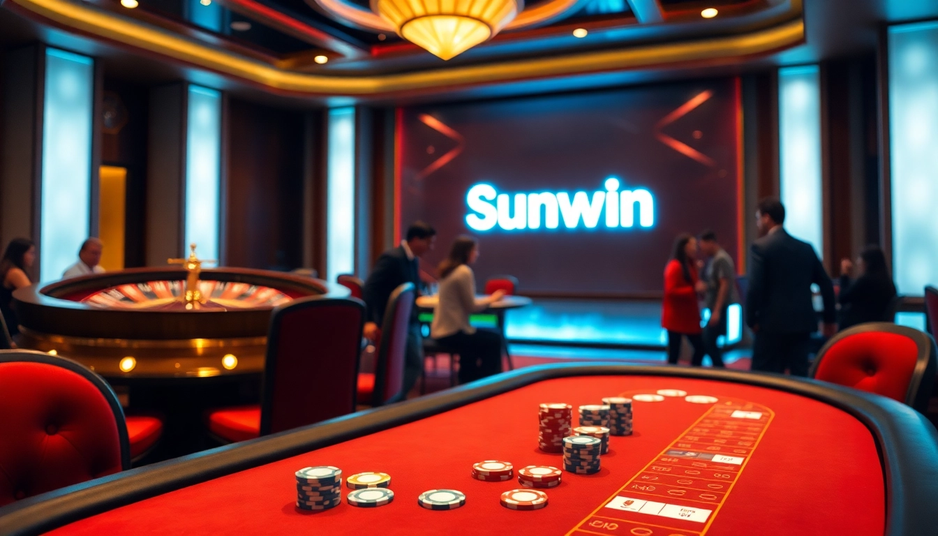 Experience high-stakes gaming at Sunwin, with vibrant poker chips and a roulette wheel in an elegant casino setting.