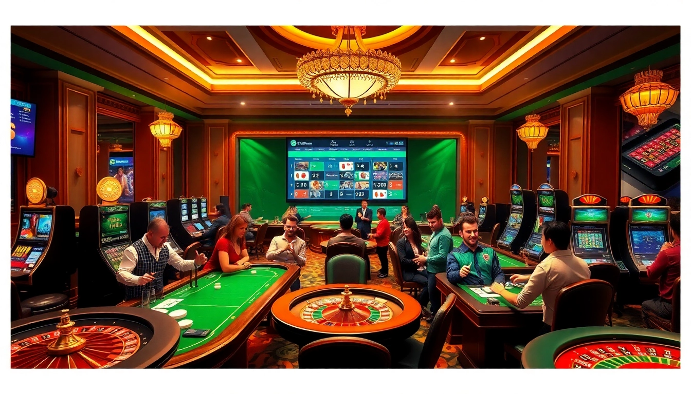 Excited gamblers placing bets at https://32wingroup.com/ with luxurious Casino atmosphere.