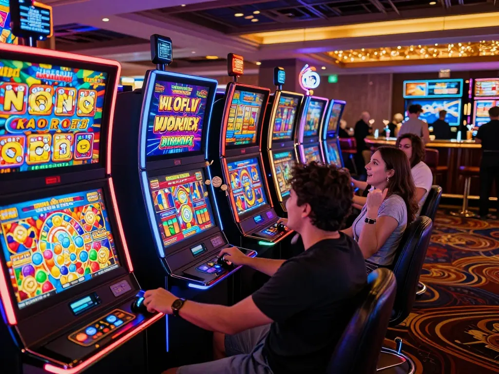 Players enjoying nổ hũ slot machines in a lively casino atmosphere.