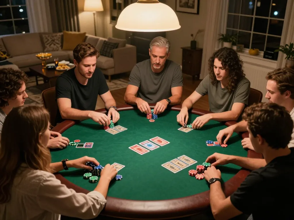 Friends enjoying an intense poker game while playing MM88 at a cozy home table with colorful chips and cards.