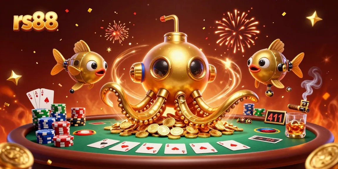 Play exciting casino games at rs88 with a golden kraken submarine and poker chips.