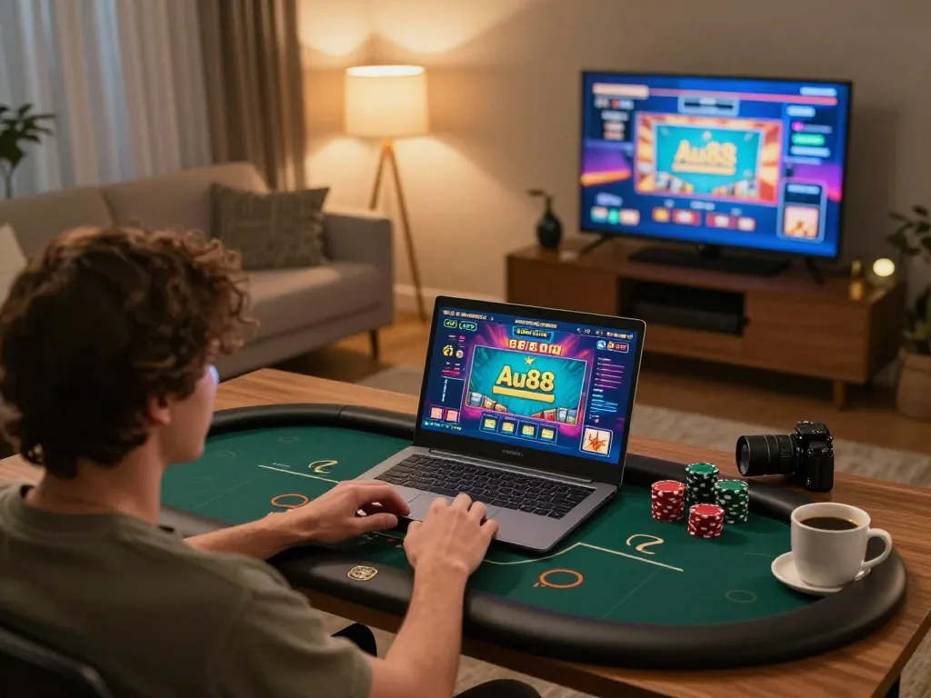 Person engaging in Au88 online poker at home in a cozy setup, showcasing a laptop with vibrant game interface.