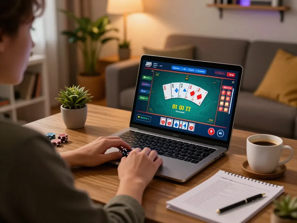Engaged player navigating NK88.com poker game on laptop, showcasing strategic betting setup.