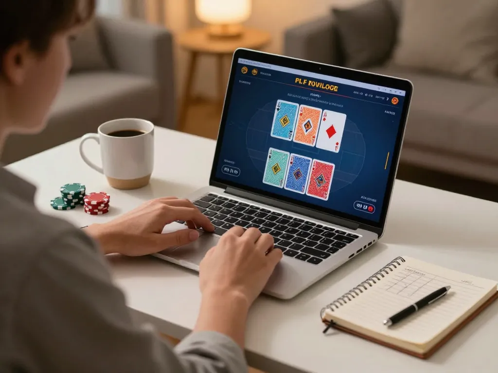 Engaging gameplay with XO88 on a laptop, capturing online poker excitement in a cozy home setting.