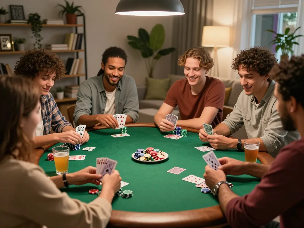 Players enjoying poker night at home with friends and 58wiin app on the table