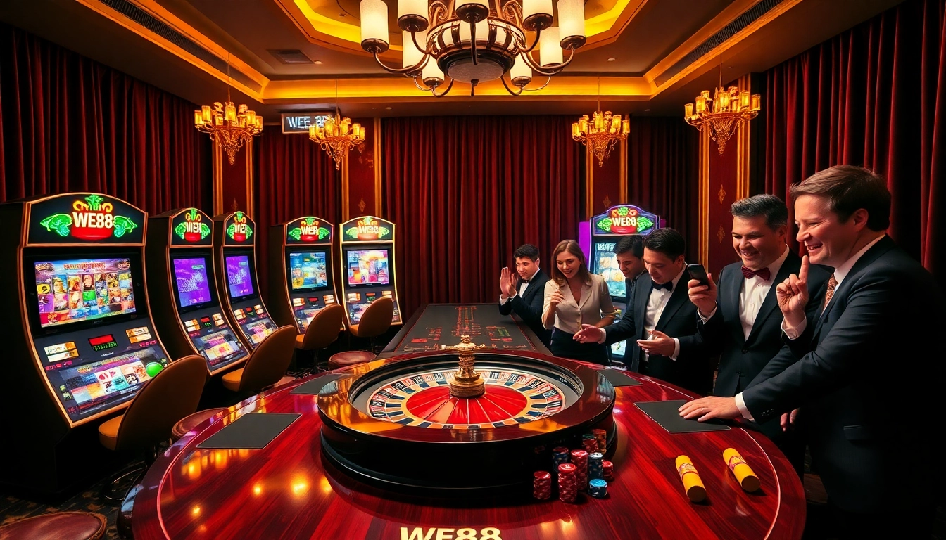Experience the excitement of WE88 at a luxurious casino with roulette, slot machines, and players engaging.
