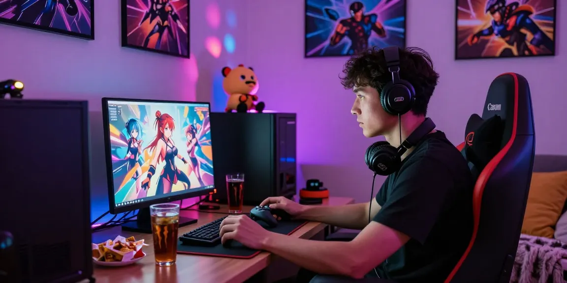 Adult gamer immersed in hentai games html, colorful LED lights enhance a cozy atmosphere.
