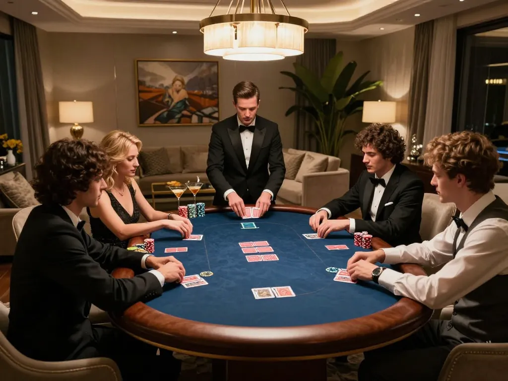 uu88 players strategizing at a high-stakes poker game in a luxurious setting.