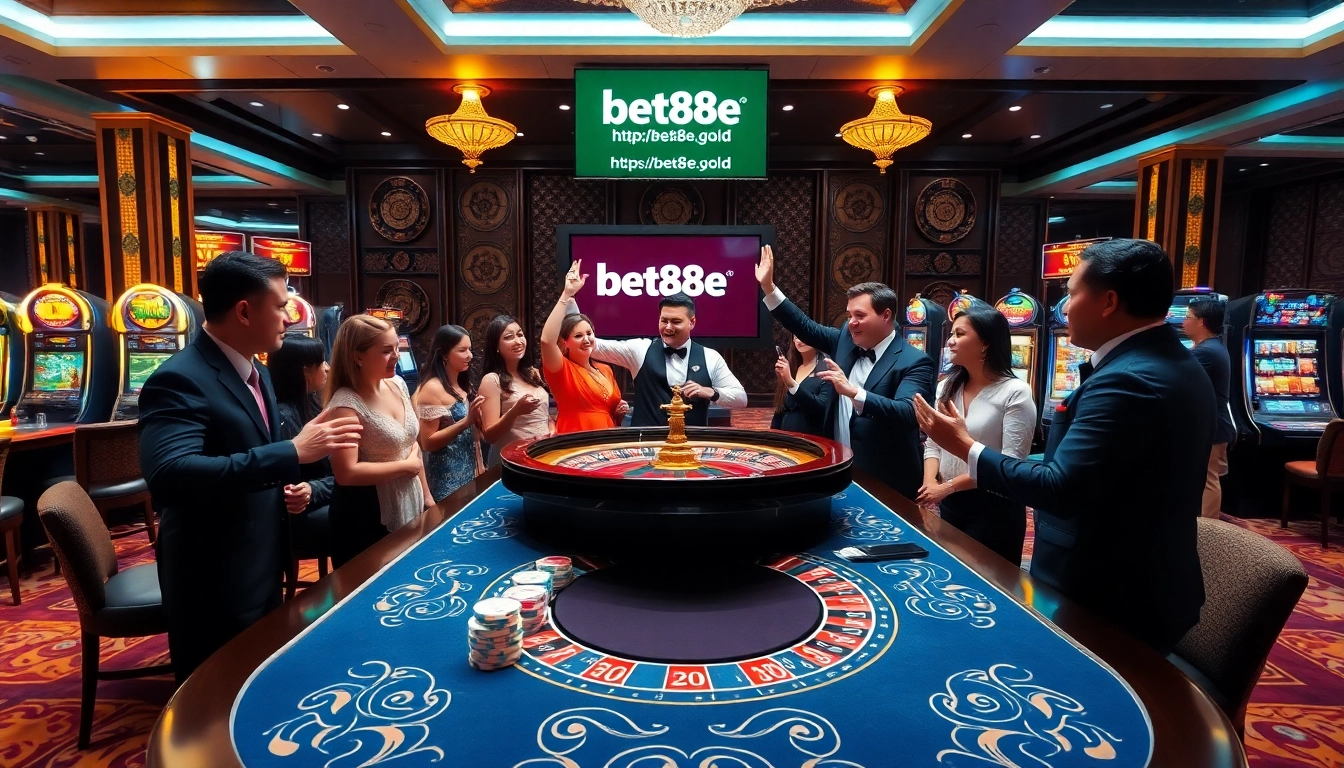 Experience luxury gaming at https://bet88e.gold/ with a vibrant casino scene showcasing roulette excitement.