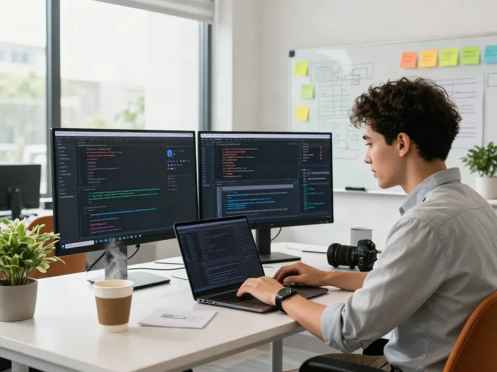 Developer coding in a modern tech office focused on instant indexing solutions and data analytics.