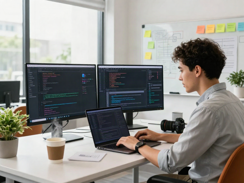 Developer coding in a modern tech office focused on instant indexing solutions and data analytics.