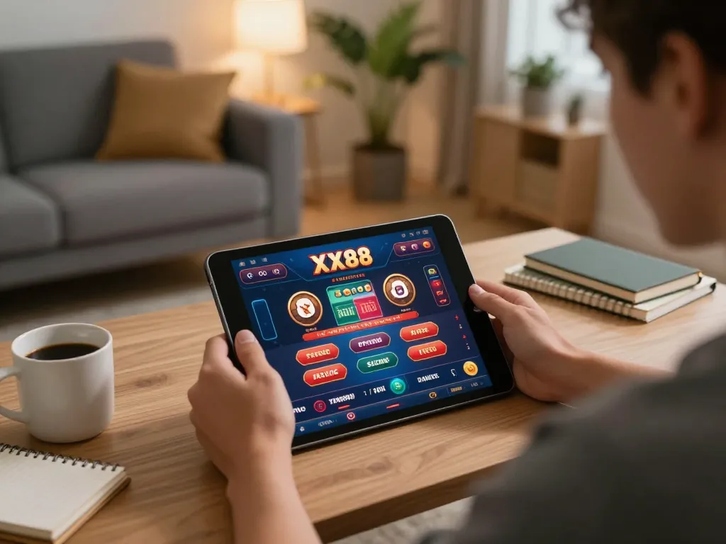 Engaging gameplay at XX88 online casino on a tablet, showcasing responsible gaming.
