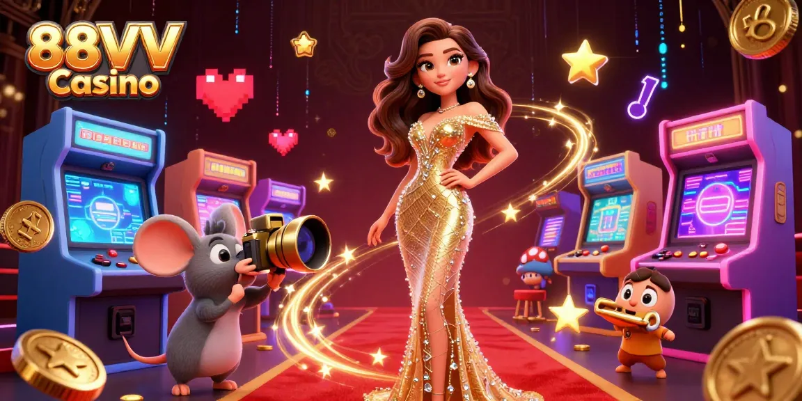 Engage in thrilling gameplay with 88VV Casino, showcasing vibrant arcade elements and a glamorous atmosphere.
