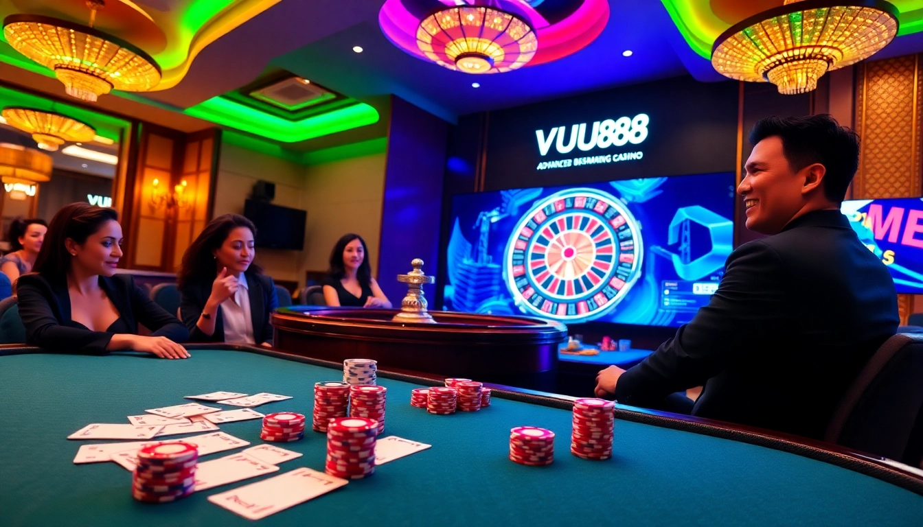 Players enjoying a thrilling poker game at VU88 casino, showcasing excitement and luxury.