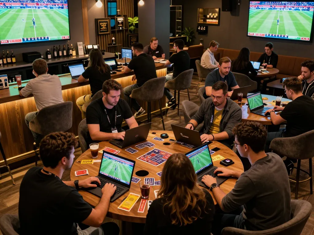 Net88 sports bettors engaging with live odds and strategy sheets in a vibrant lounge atmosphere.
