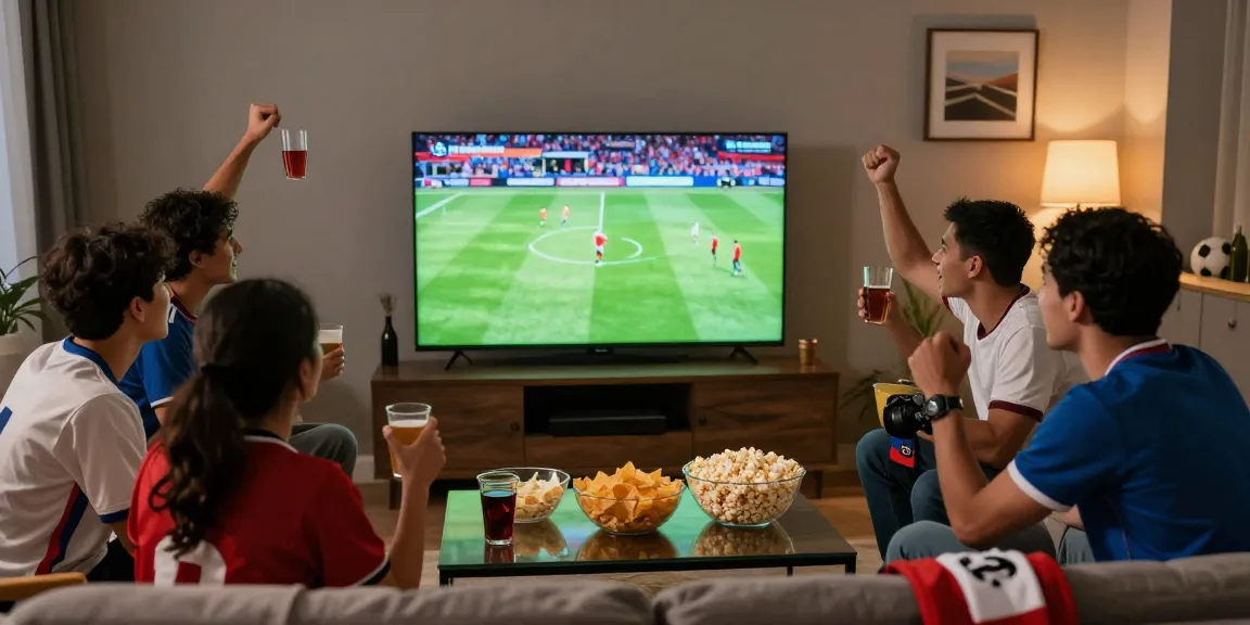 Excited fans enjoying CaKhia TV xem bong da live, surrounded by snacks and football gear.
