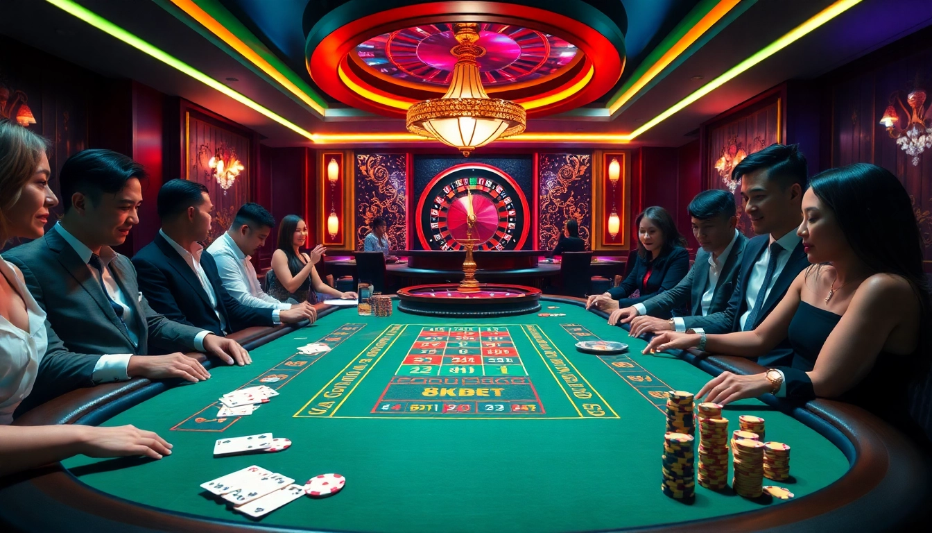 Exciting baccarat gameplay at nhà cái 8kbet with vibrant colors and luxury casino scene.